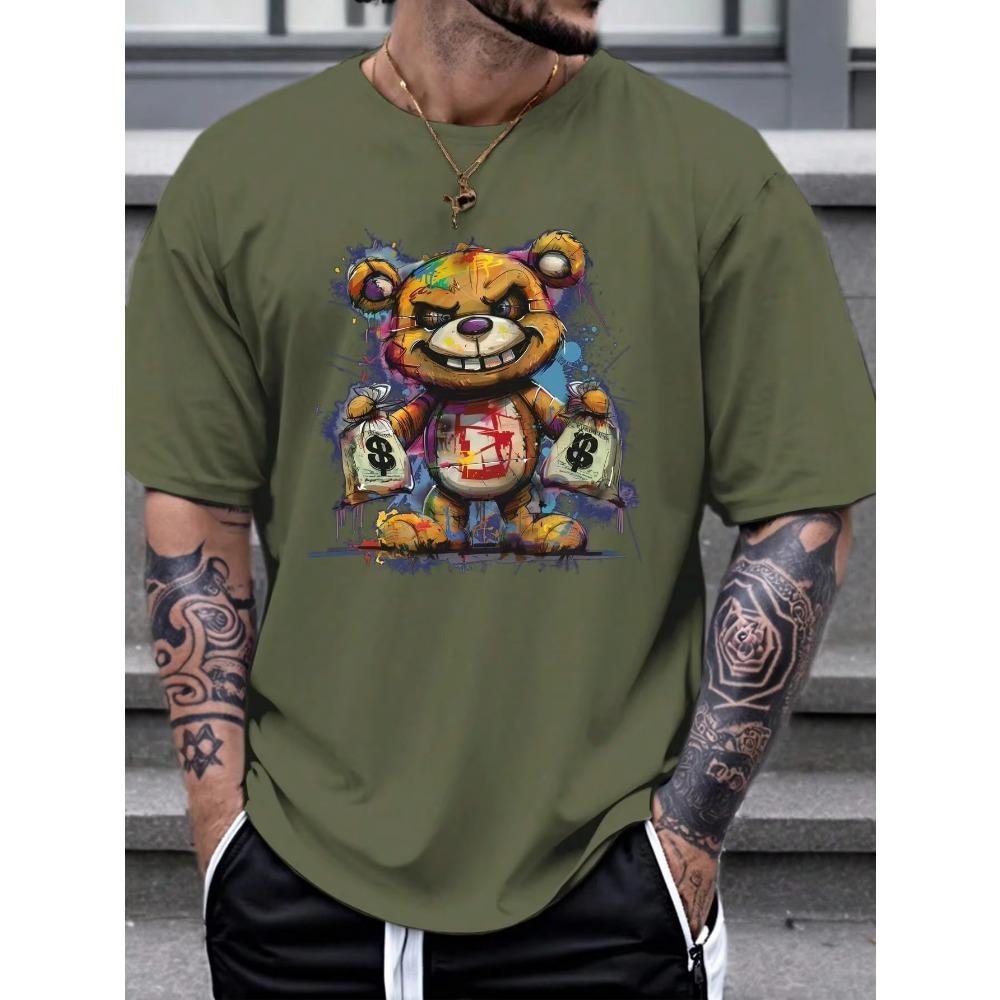 Men's 100% cotton summer loose size Cartoon Bear Pattern printed slim fit casual sports round neck short sleeved T-shirt top