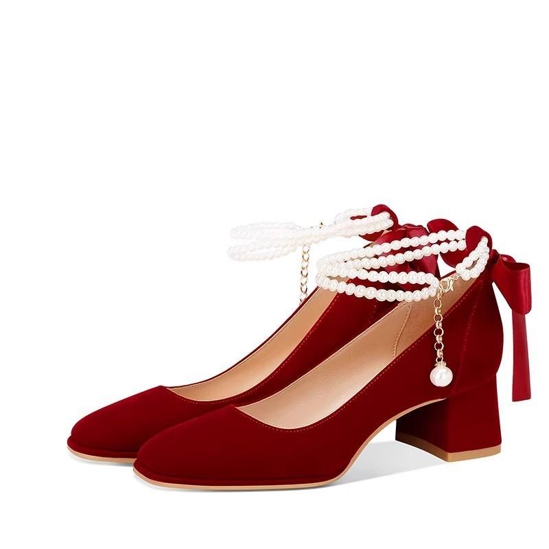 Mary Jane Shoes Spring Elegant Pearl Chain Low Heel With Buckle For Everyday Wear