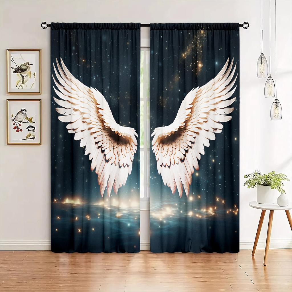 2pcs Angel Wings Printed Curtain For Home Decor Rod Pocket Window Treatment For Bedroom Office Kitchen Living Room Study Cortina