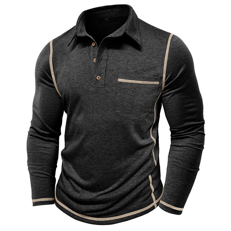 

Men s Long Sleeve Polo Shirt with Chest Pocket and Contrast Trim, Casual Button-Up Collar Shirt XXXL чорний