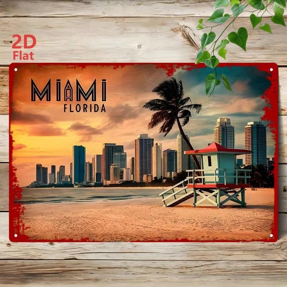 Vintage Miami Beach Florida Metal Wall Art 8x12 Retro Tin Sign South Beach Sunset Skyline Palm Trees Ocean View Home Decor