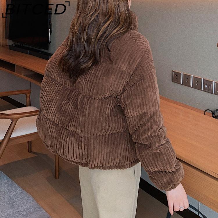 BITCED Winter Women's Stand Collar Short Corduroy Quilted Down Jacket Loose-Fit Lightweight Cotton-Padding Coat