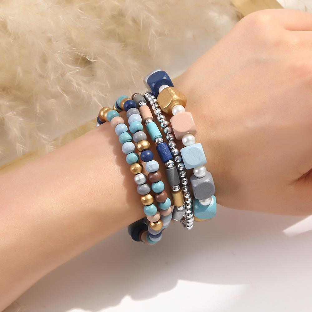 LATS Bohemian Multi-Layer Handmade Wooden Bead Elastic Bracelets, Jewelry for Women and Men
