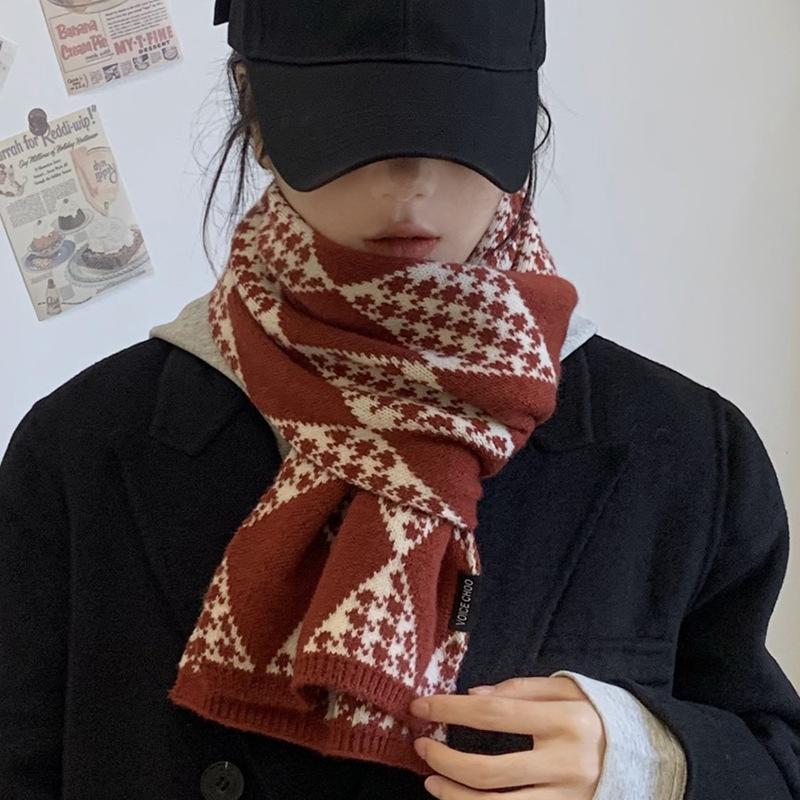 Red Scarf for Women Winter Knitted Wool Student Plaid Thickened Warm Korean Version Versatile Birthday Gift Scarf Trendy
