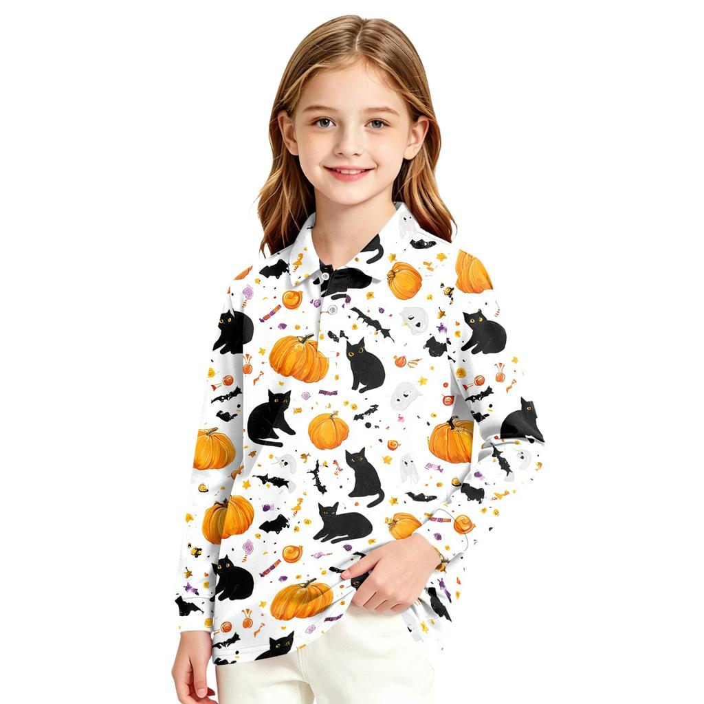 Girls' school uniform top - Halloween printed long-sleeved casual formal dress shirt