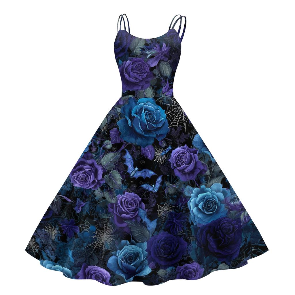 Women's Halloween Print Off Shoulder Dress Punk Vintage Style Sleeveless Spaghetti Strap Dress with Flared Skirt for Costume Party