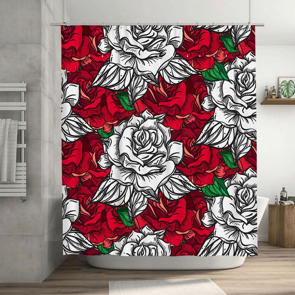 Vintage Red White Rose Print Shower Curtain Romantic Bath Decor for Girls Waterproof Fabric Quick-Dry Polyester Ideal Gift (60x7