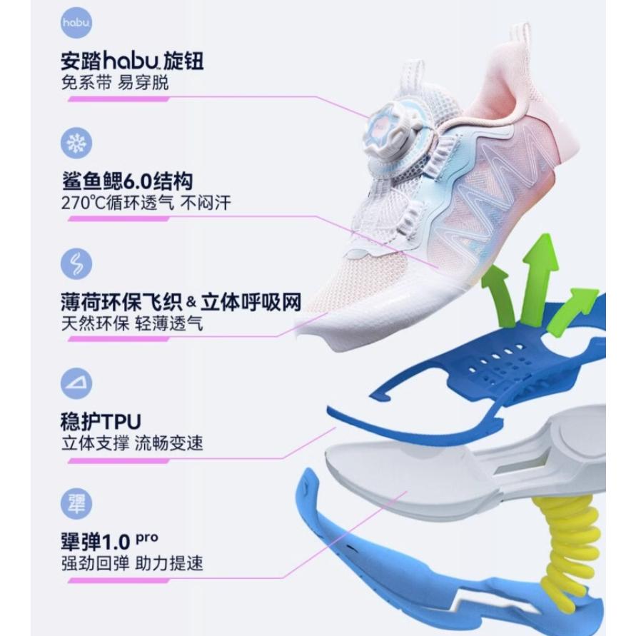 Anta Kids Wind Chaser 6.0 Test Shock Absorption Wear Resistant Low Top Running Shoes Kids Sneaker White Pink Blue 322429901-4