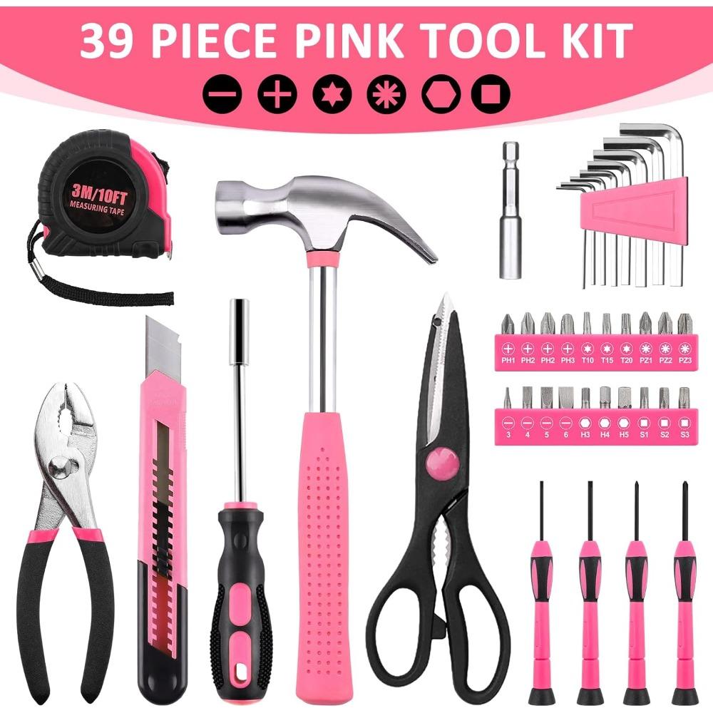 SenHodyu Pink Tool Set for Women-40 Piece General Household Hand Tool Box with Plastic Toolbox Storage Case Tool Kit (Pink)
