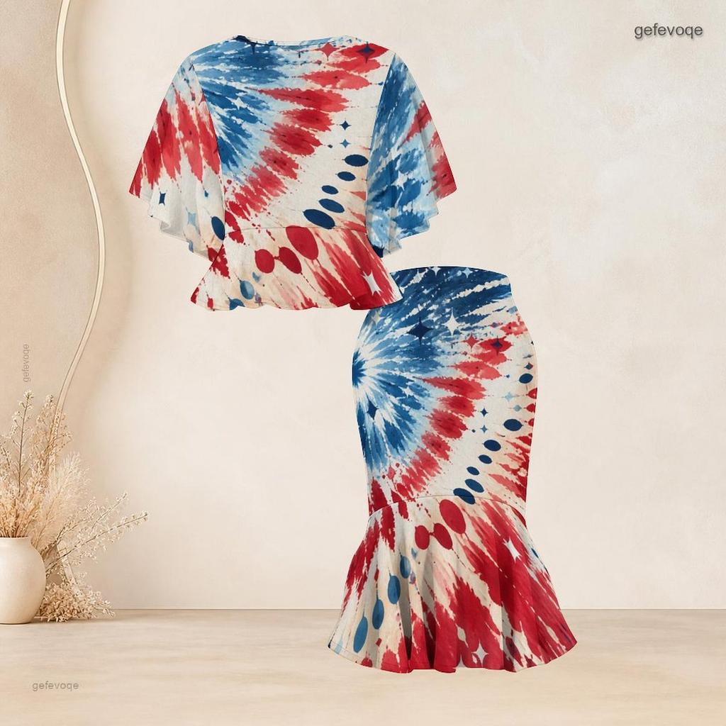 Women Plus Size Two Piece Set Round Neck Batwing Sleeve Ruffle Hem Top Red Blue Beige Printed Fishtail Skirt