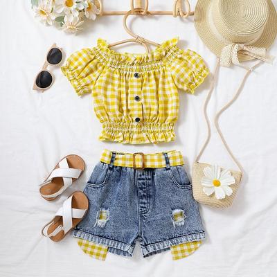 2024 Mädchen Kleidung Kinder Ein-Linie Kragen Plaid Shirt und Waschbar Ripped Denim Short Mädchen Anzug Mode Sommer 2 stücke Sets