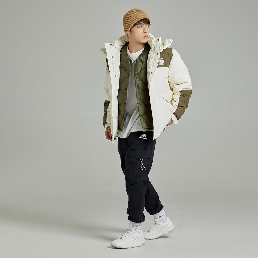 New Balance Windproof Hooded Down Jacket Asia Sizing 'White Olive Green' Unisex AMJ24377-CIC