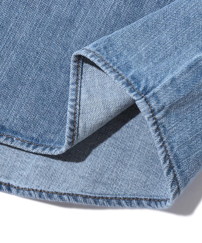 TRILLION Rain Slub Washed Oversized Denim Short Sleeve Shirt (Sky Blue)