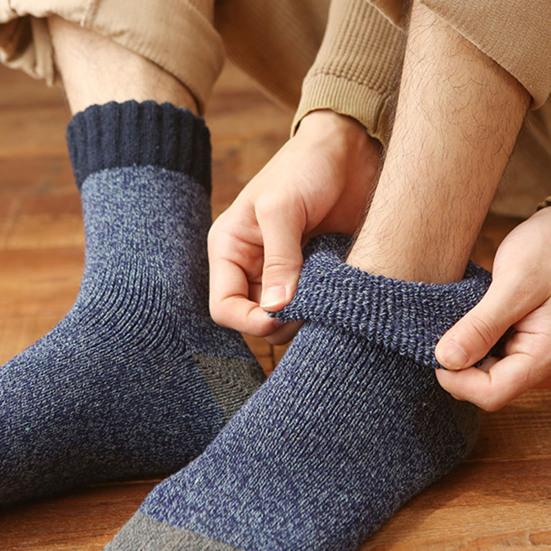 Men Thickened Wool Socks Color-Block Winter Ribbed Terry Socks Breathable Warm Casual Crew Socks for Daily Errands Workout Outdoor Sports