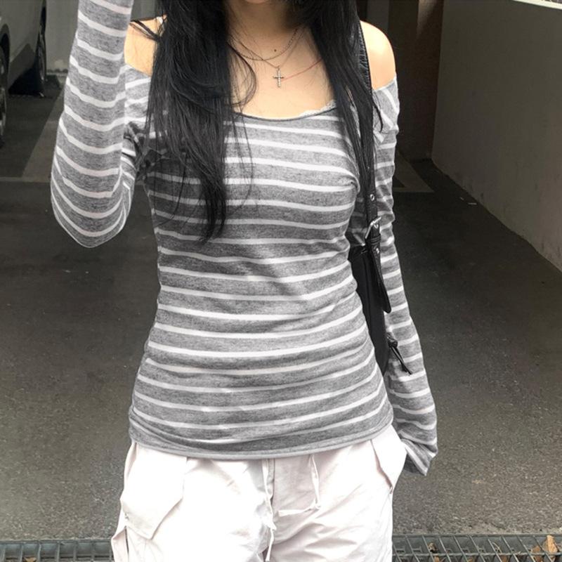 Spring and Autumn Models Women's Street Slim Personality Bottoming Casual One Shoulder Long-sleeved Striped T-shirt