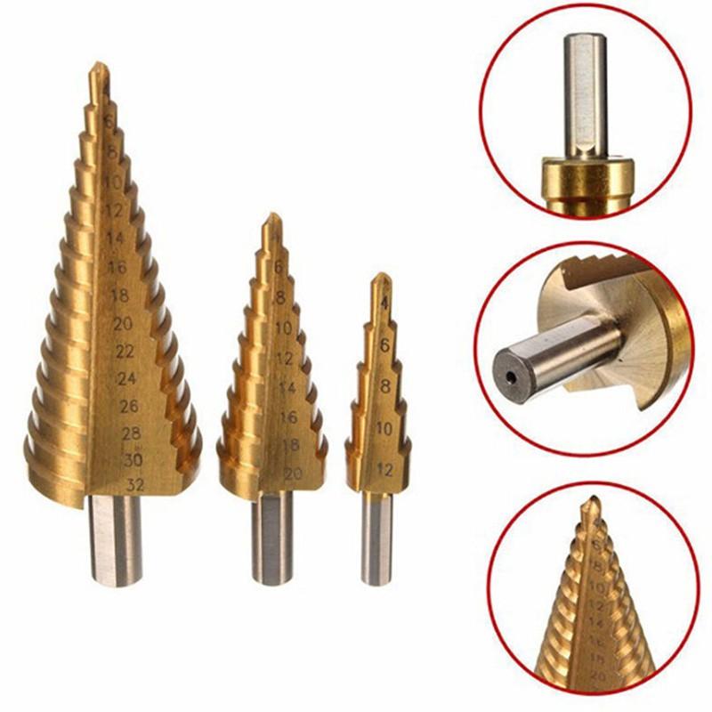 3pcs HSS Steel Cone Drill Bit Set 4 12 20 32mm for Different Materials