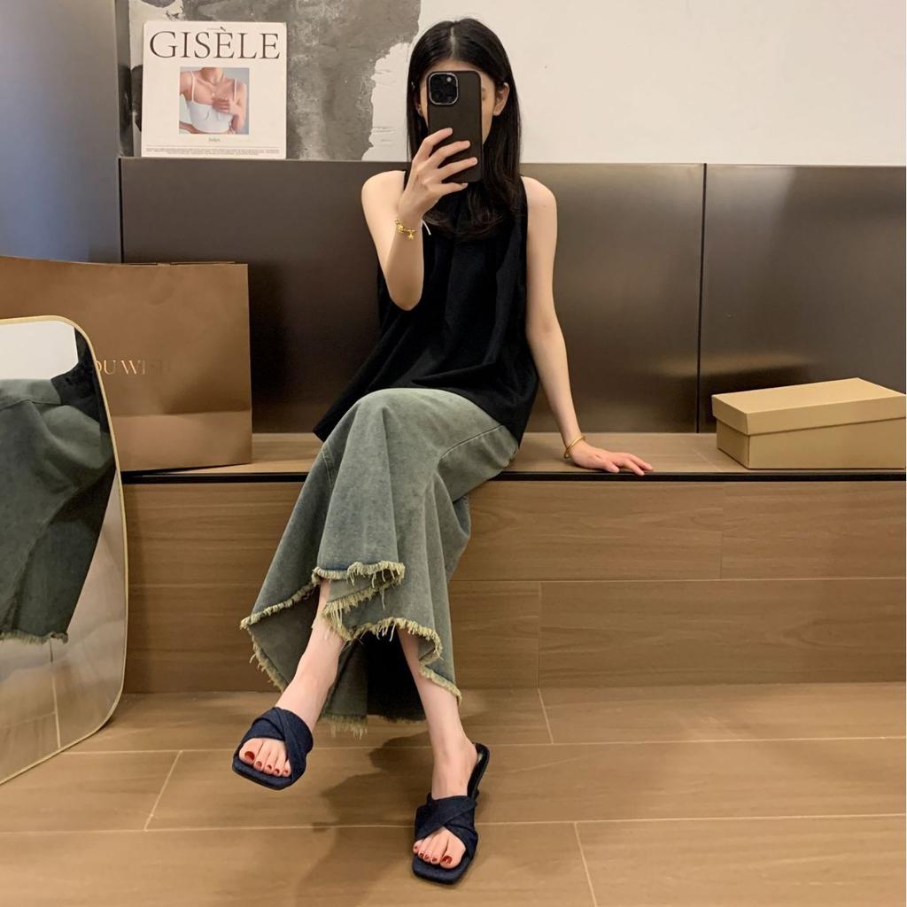 New denim cross strap square head thin heel with slippers temperament fashionable versatile high heel sandals