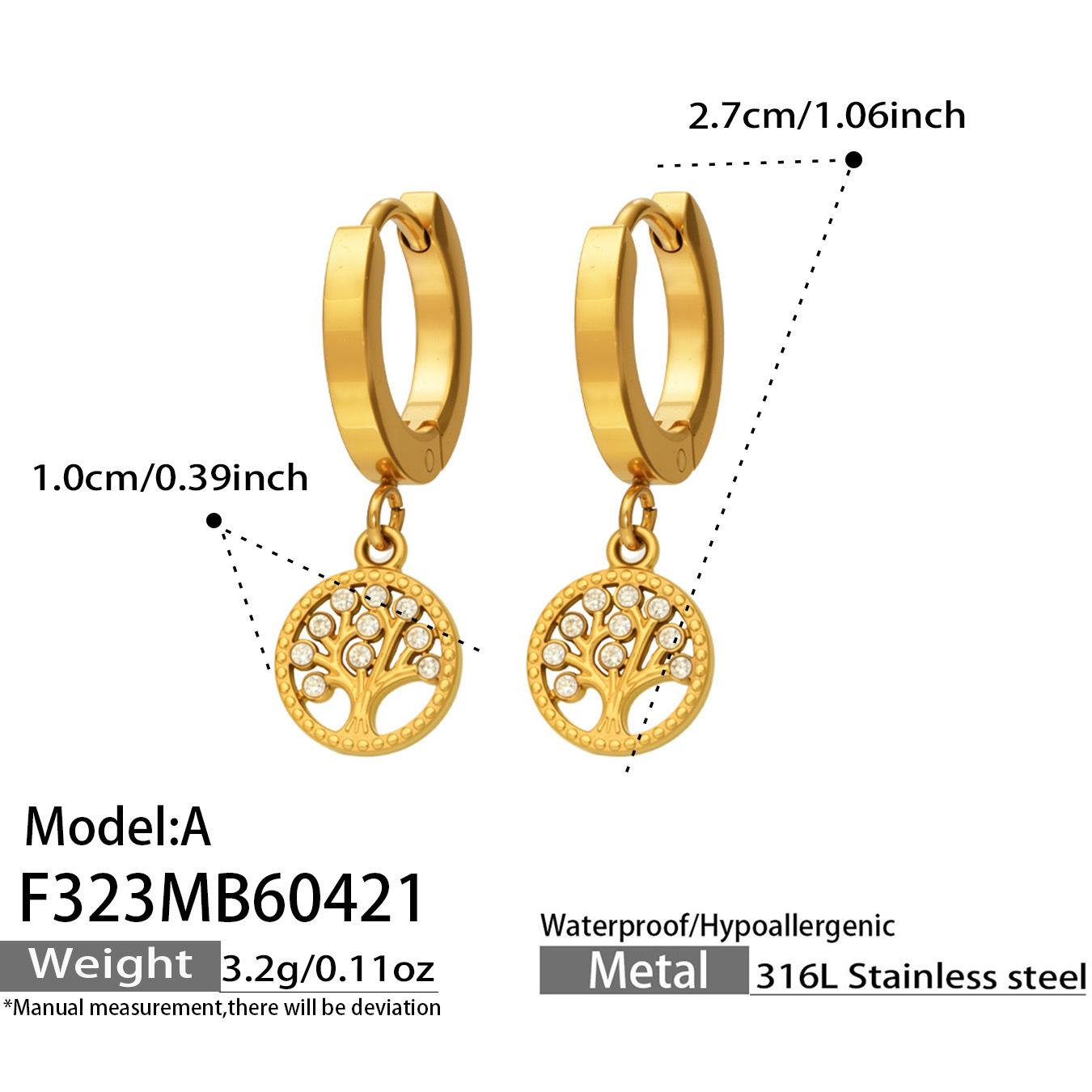 Popular Round Hollow Tree of Life Zircon Hoop Earrings, European  American Style, Gold-Plated Stainless Steel.