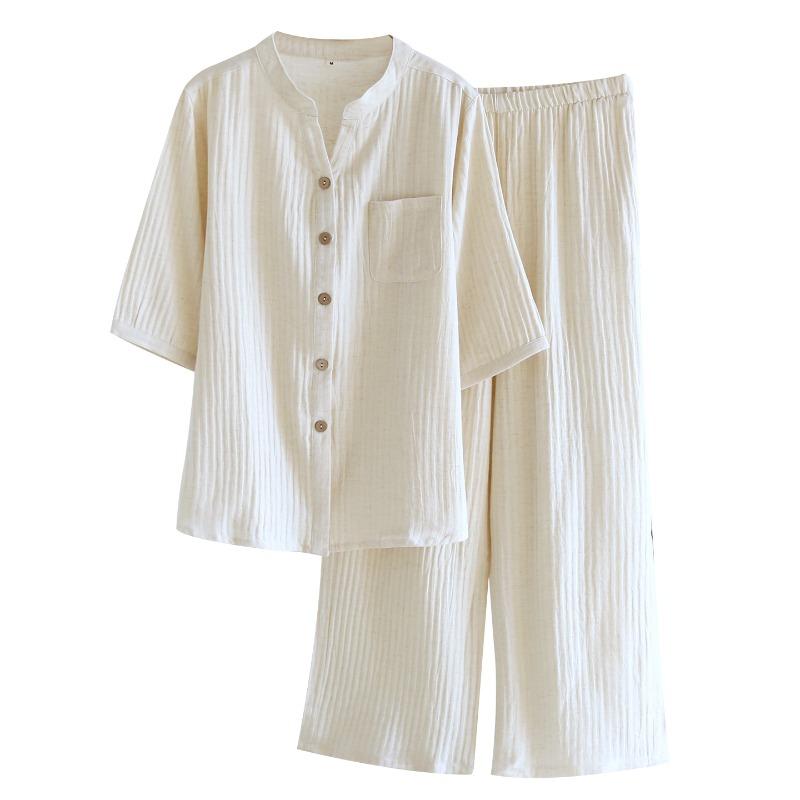 2026 Frühjahr/Sommer Neues Damen-Pyjamaset 100% Baumwolle Baumwollhanf Siebenärmel+Hose Einfach Großes Heimtextil Bekleidung