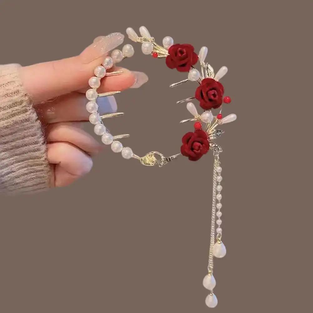 Elegant Tassel Hair Claw Rhinestone Pearl Flower Tassels Hair Clip Women Girl Ponytail Holder Hairpins Fringe Hair Accessories