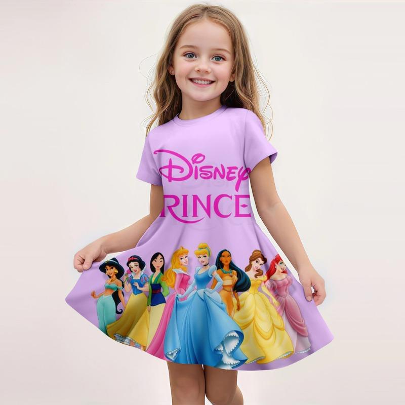 Disney Summer Girls Cute Cartoon Stitch Printed Dress Fashion One-piece Dress Kids Daily Casual Short Sleeve Clothing Outfit