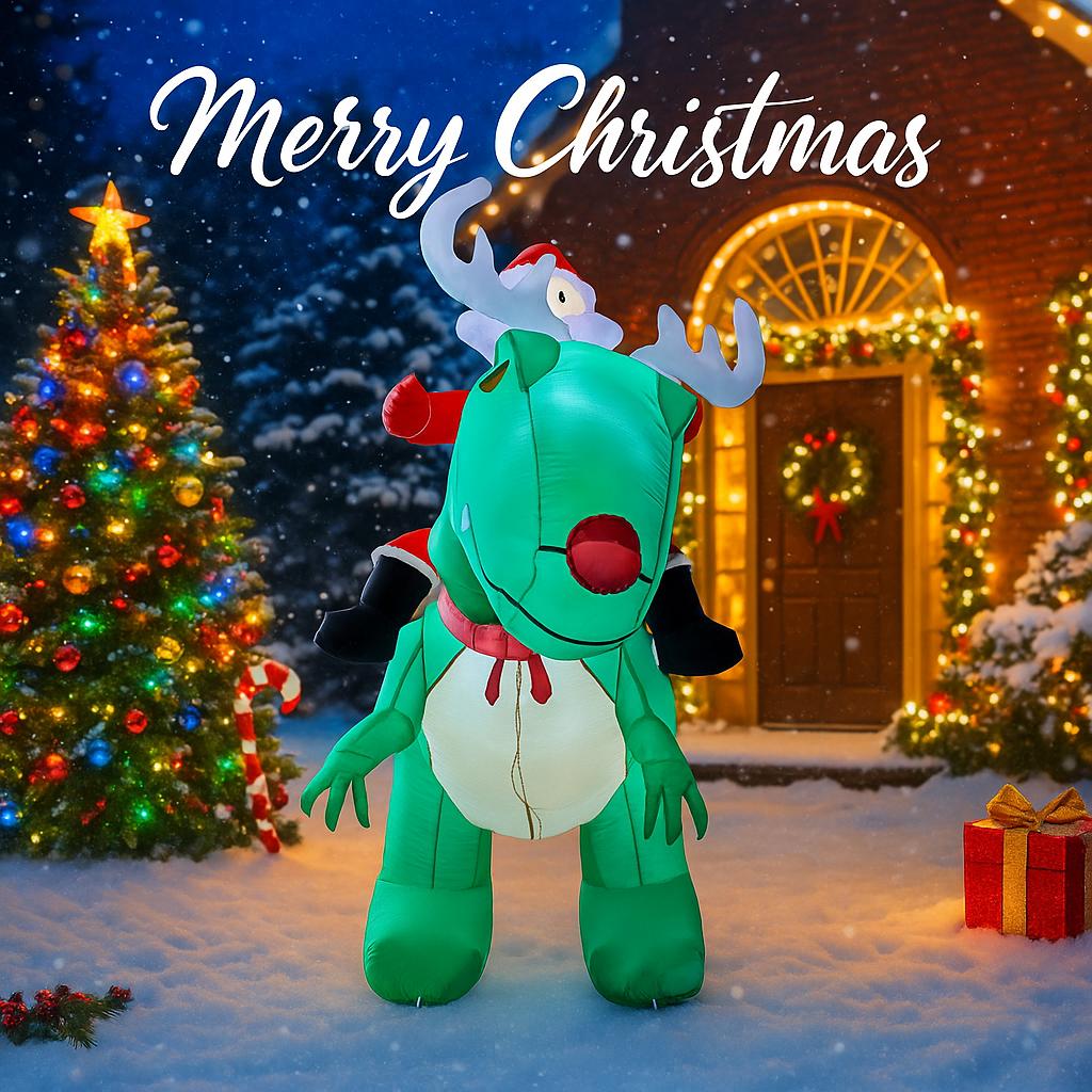 7.8FT Xmas Holiday Inflatable Yard Decor Santa Riding Dinosaur LED Christmas Decor Lawn Garden Toy Supplies Home Ornament Gift