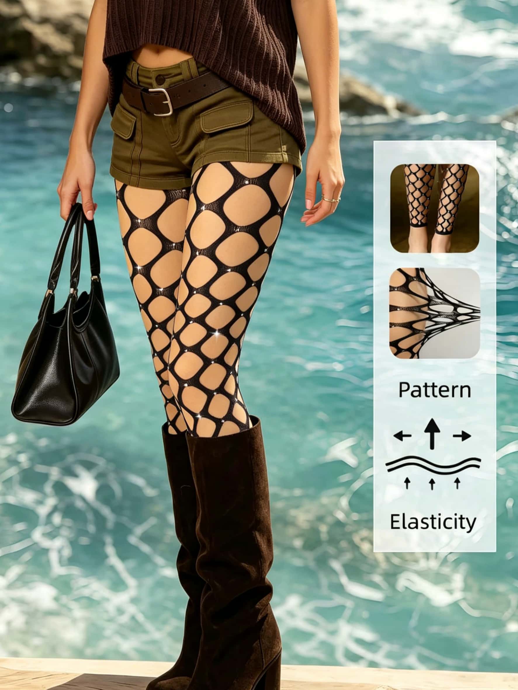 Damen Glitzernde Strumpfhosen mit Strasssteinen und Netzmuster Hohe Elastizität Schwarze Ausgeschnittene Strumpfhosen für Party Nachtclub 2XL brown