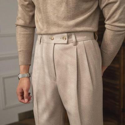 Men's High Waist Woolen Suit Pants: Warm, Straight-Leg, Solid Color, All-Match Autumn/Winter Style.