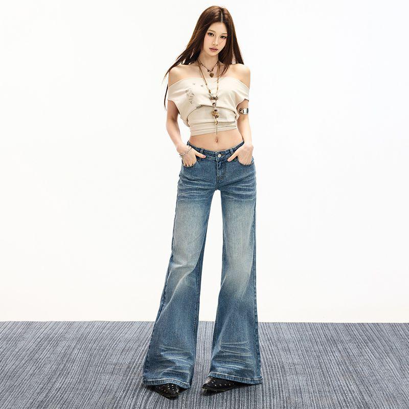 Frühling Sommer Niedrige Taille Slub Stretch Vintage Helle Farbe Gerade Leichte Schlag Jeanshosen Für Damen Freizeit Hosen Übergröße Jeanshosen