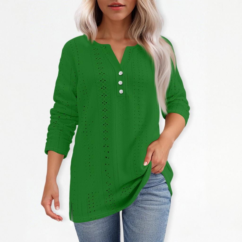T-skjorte for kvinner T-skjorte med knapp 3/4 ermer Daglig helgmote Basic V-hals vanlig topp