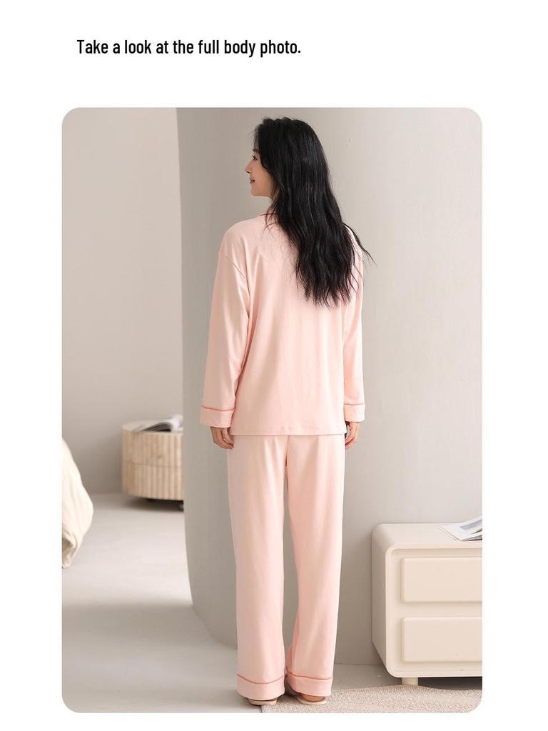 Women's Cotton Cardigan Two-Piece Set with Chest Pads: Sweet & Casual Long Sleeve Home Wear for Spring & Autumn