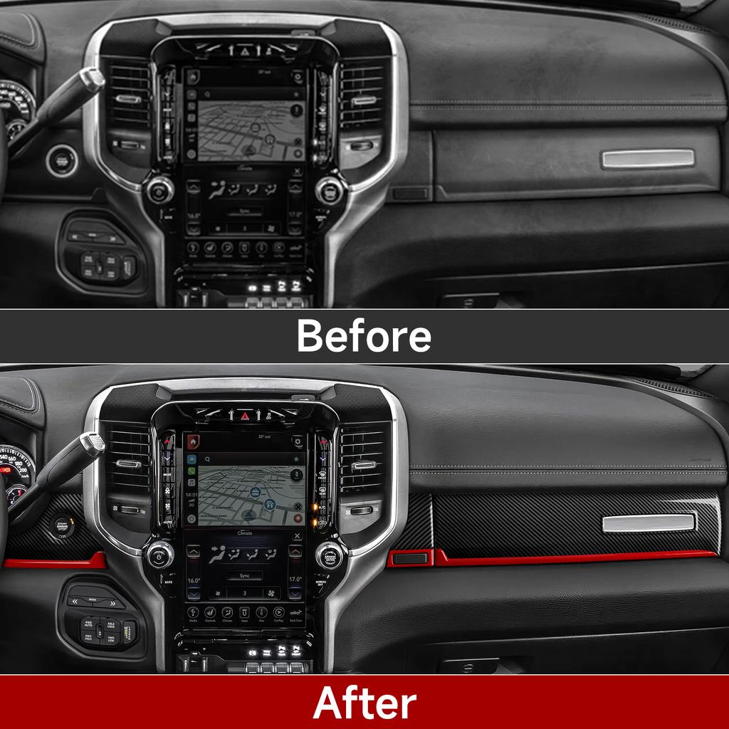 MOB2  For Dodge RAM 1500 2500 3500 2019-2026 Car Center Console Dashboard Panel Cover Carbon Fiber Red Line Interior Sticker ABS Trim