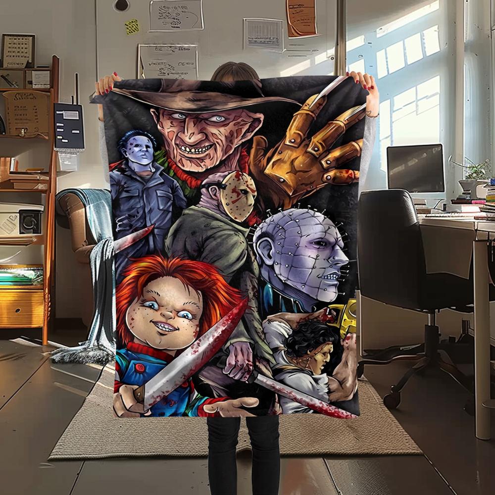 1 szt. Koc flanelowy z nadrukiem z filmu grozy, Wysokiej jakości, Wygodny na wszystkie pory roku, Wystrój domu, Ciepło i komfort, Idealny na prezenty świąteczne