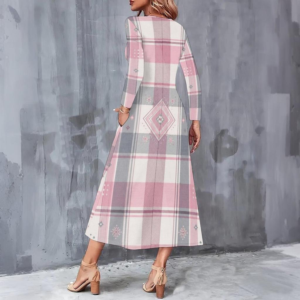 Women Plus Size V Neck Long Sleeve Printed A Line Midi Dress With Pockets