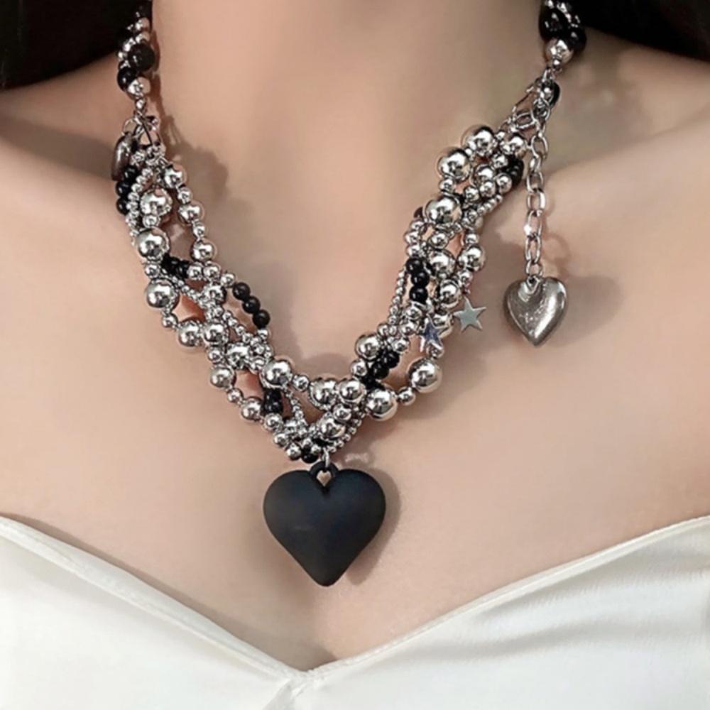 1 Piece Multi-layer Black Silver Beaded Heart Necklace Sweet Cool Style Daily Wear / Punk Look / Party Accessories