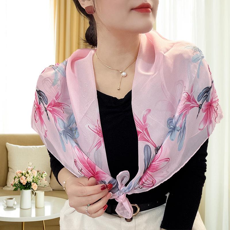 Large 95cm Square Korean Silk Chiffon Scarf for Women - Printed Neck or Head Scarf