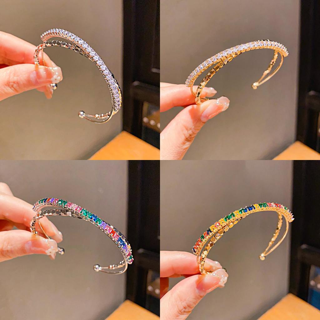 Geometric Zircon Metal Open Cuff Bracelet With Sparkling Stones For Women Fashion Jewelry