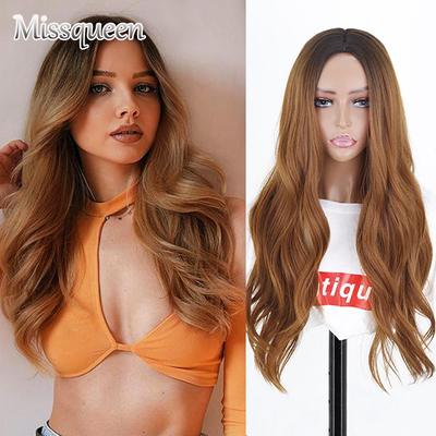 Ombre-braune, lange Wasserwellen-Perücken für Frauen, für den Alltag, synthetische Hochtemperaturfaser-Perücke, blond, rot, schwarz, orange Perücke