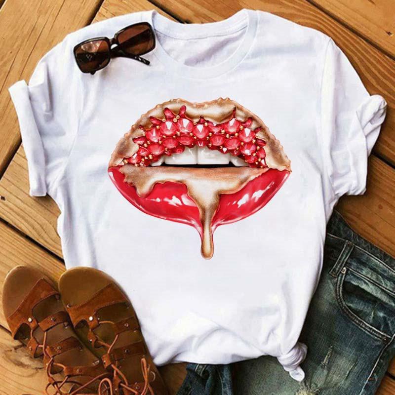 Spring Summer Plus Color Lips Loose Casual Fashion Simple Round Neck Pure Cotton Short Sleeved Top T-Shirts Women’s
