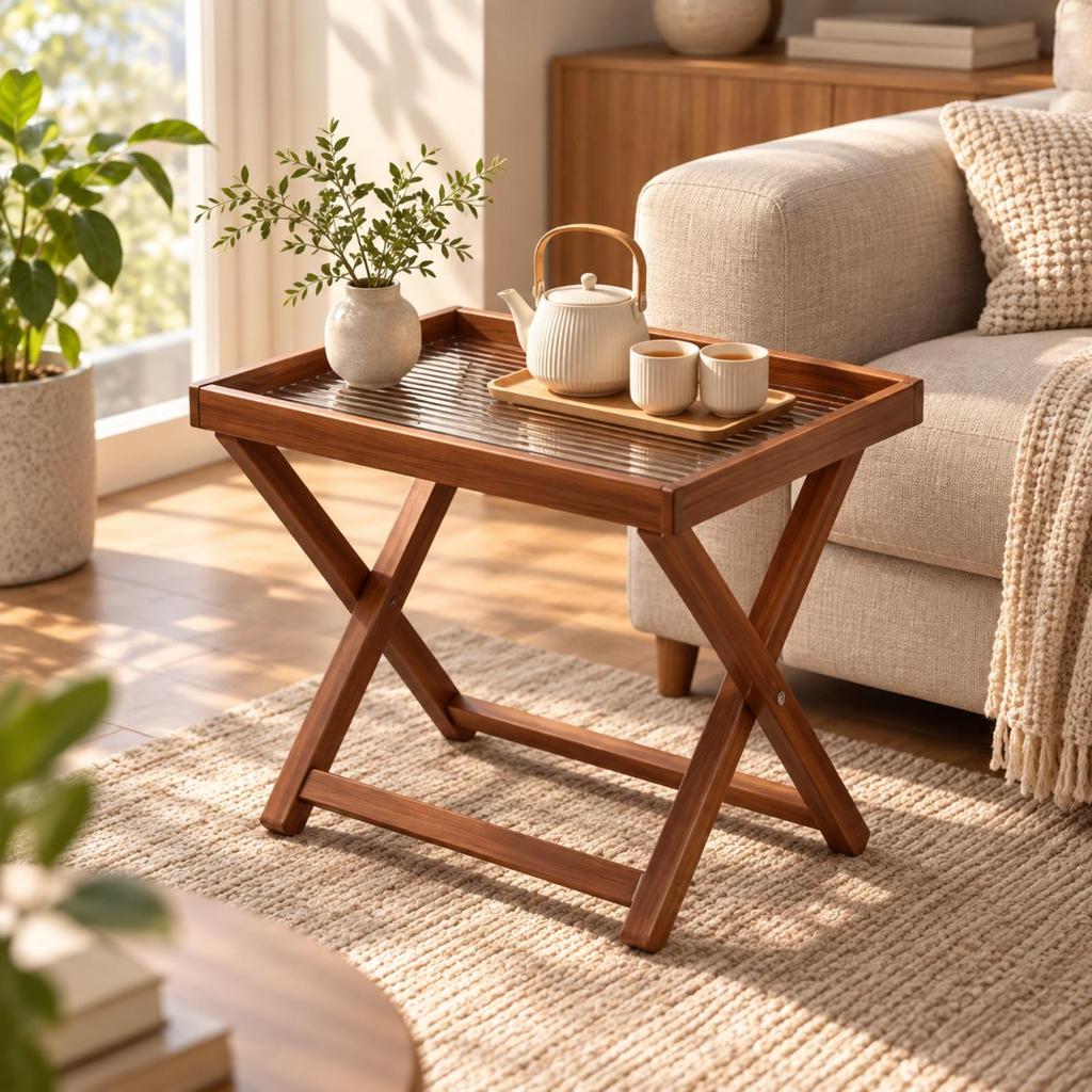 Foldable Folding Square Bamboo Side Table Wooden Tray-Style