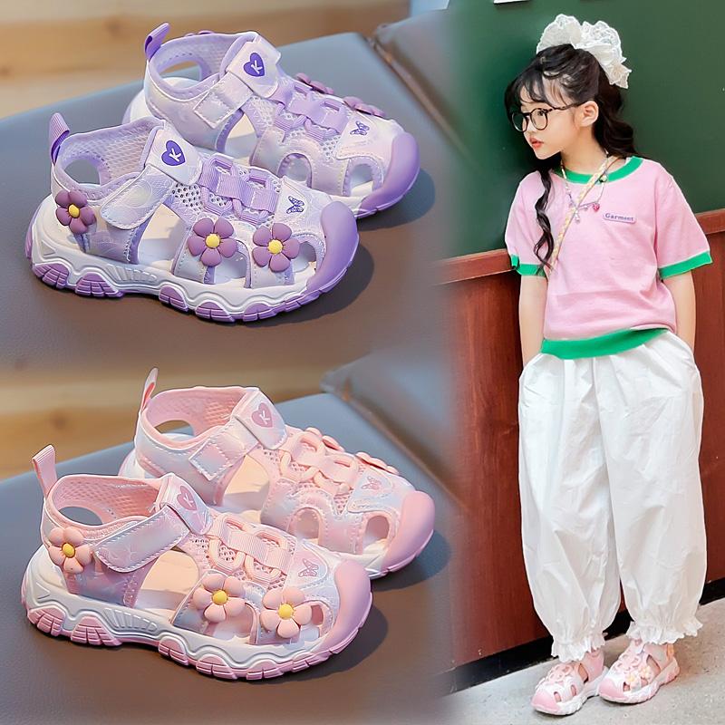 Summer Toddler Girls Closed Toe Flower Sandals Anti-Collision Non-Slip Thick Sole for Beach Outdoor Daily Play Wear