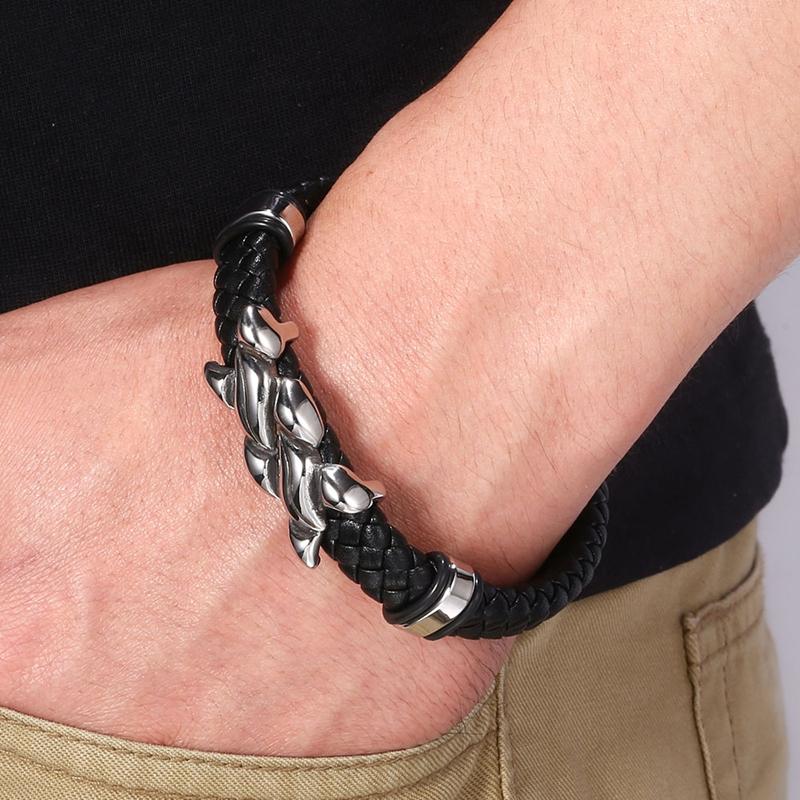 Ny Charm Mode Flätat Rock Punk Svart Rep Äkta Läder Armband Herraccessoarer Par Smycken