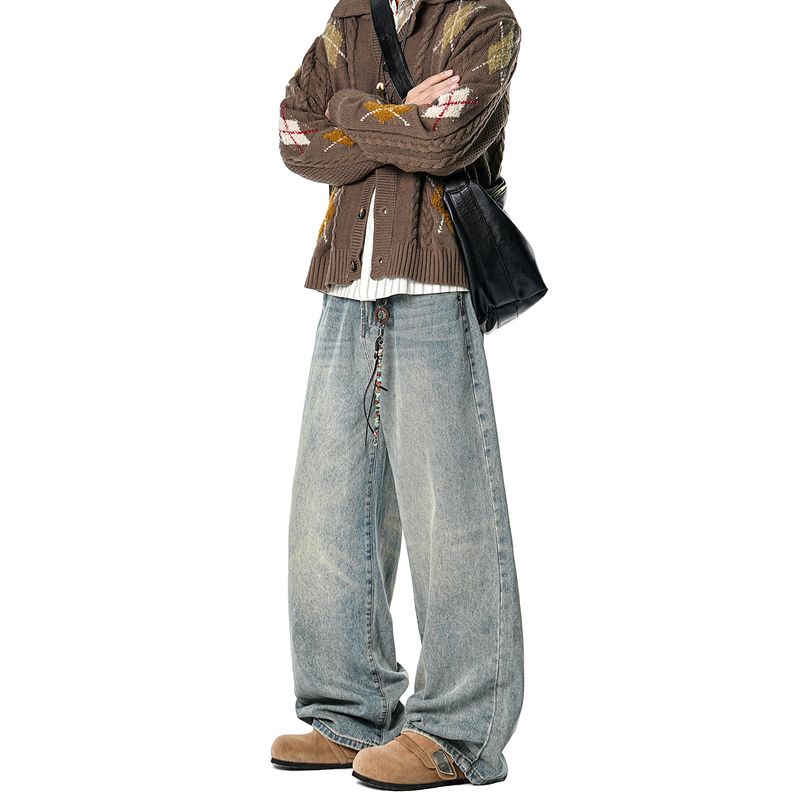 

Dream Made American-Style Cleanfit Washed Jeans for Men, Autumn and Winter Straight-Leg Wide-Leg Pants for Boys Light Blue 2XL