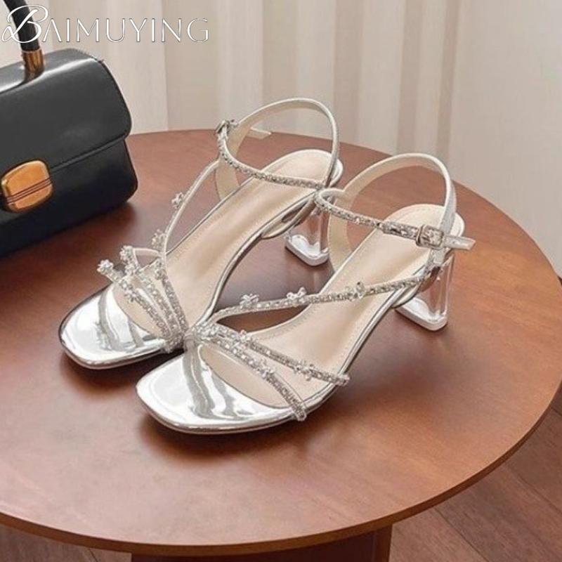 Fashion Luxury New Women High Heels Sandals Crystal Butterfly Square Toe Heeled Shoes 2025 Designer Summer Slippers Dress Party Pumps