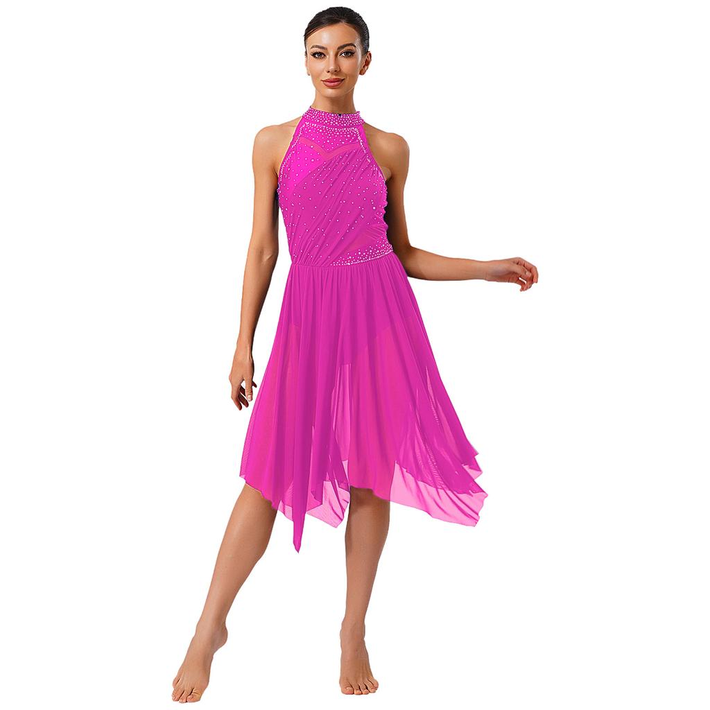 Womens Lyrical Dance Costume Sparkle Rhinestone Irregular Mesh Ruffled Skirt Built In Briefs Dress