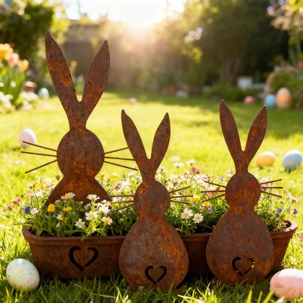 3 Stück Metall-Gartenstecker Ostern, Rostige 2D-Flachbodenstecker, Einfach einzustecken, Feiertagsdekoration für Hof & Blumenbeet, Gartendekorationen