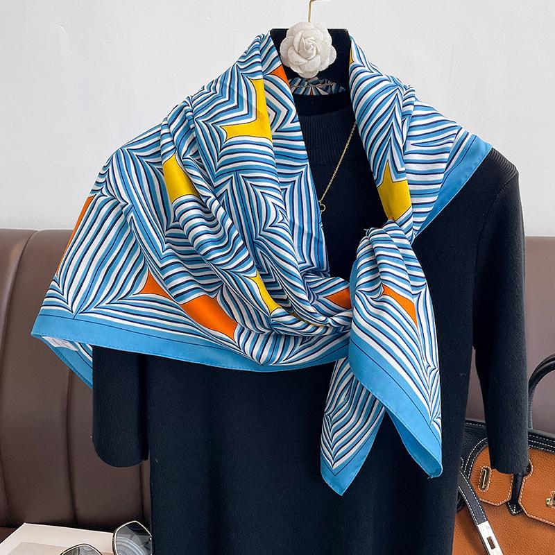 Luxury 90*90cm Square Women Silk Scarf Abstract Striped Print Design Hijabs Female Neckerchief Scarves Wrap Headband Bandana