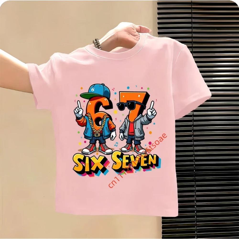 Lustiges Sechs Sieben Italienisches Brainrot 67 Zahlen Grafikdruck T-Shirt Junge/Mädchen Sommer Kurzarm Kinder Locker Bequem T-Shirt Oberteil
