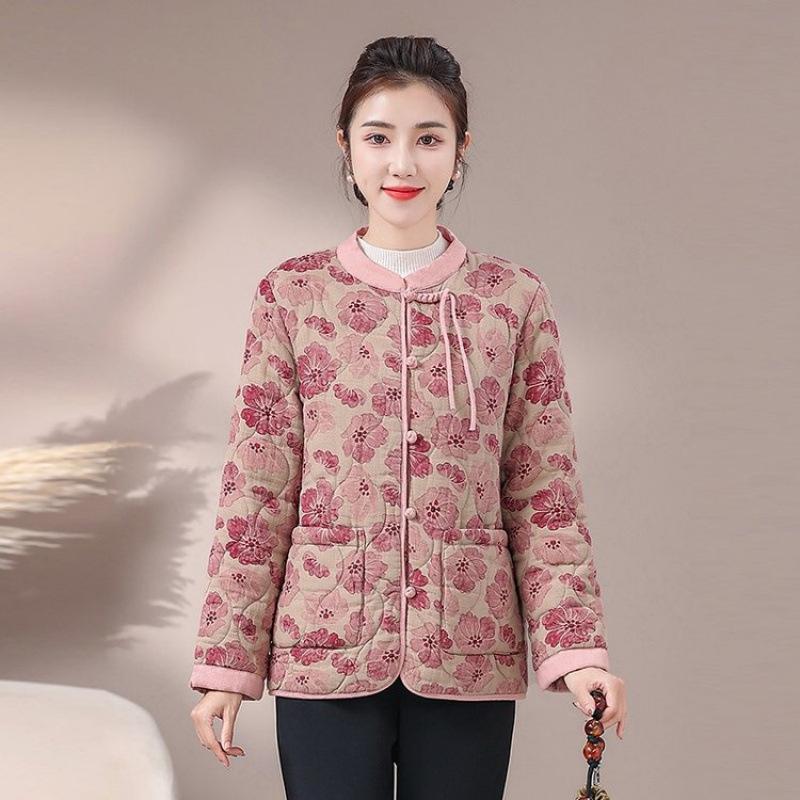 Button stand-up collar padded jacket for women's winter new retro printing padded padded padded jacket padded jacket