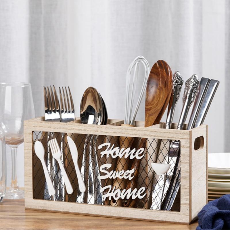 Wooden Cutlery Box Utensil Holder Kitchen Spoon Holder Countertop Organizer Box Utensil Drying Racks Household Storage Box